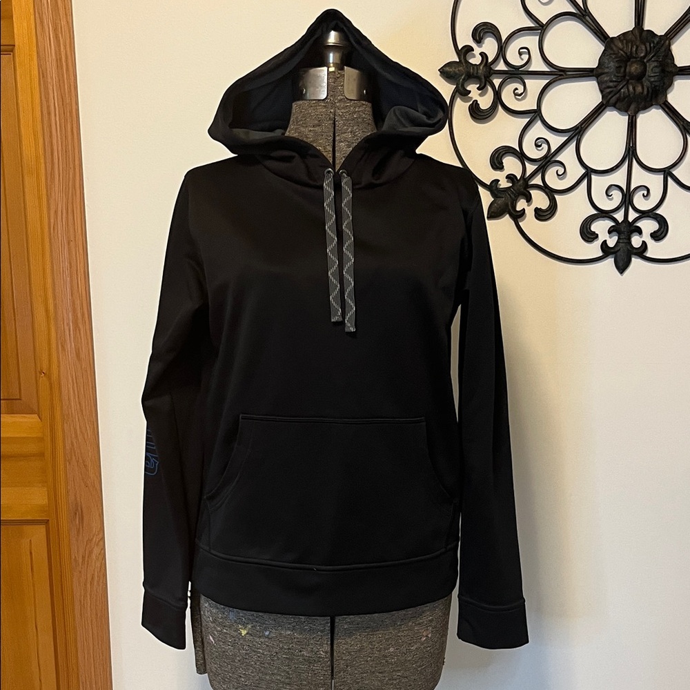 Patagonia Black Hoodie Sweatshirt with Blue Sleeve Logo, kangaroo pocket, M